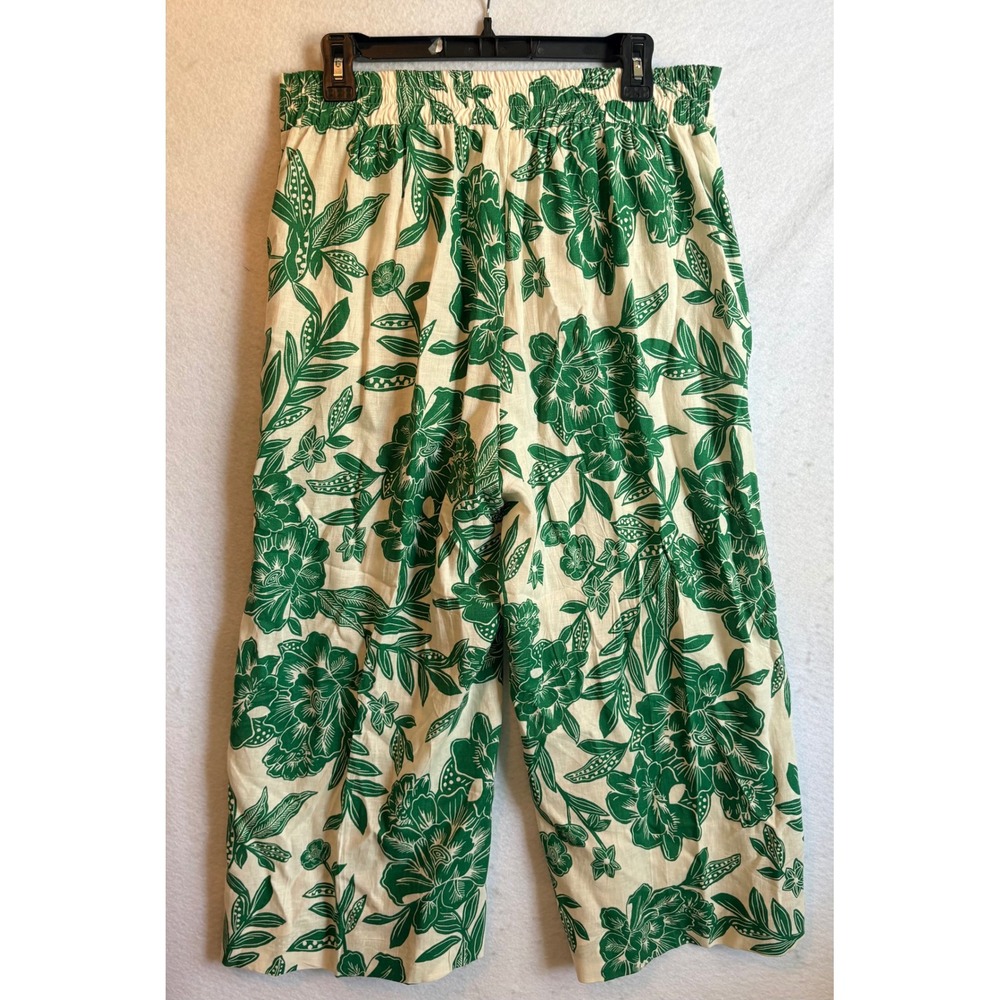 Christian Siriano Linen Blend Floral Wide Leg Pants Green Cream Medium - Picture 2 of 6